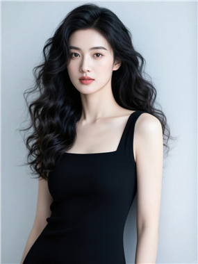 乌黑长卷发性感美女写真图片